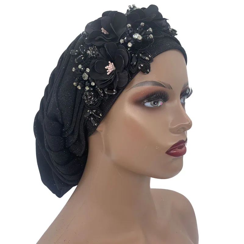 2023 Women's Head Wrap Nigeria Headpiece Lady Party Hat NEW Shiny Pleated Turban Cap with Diamond Bouquet African Headtie