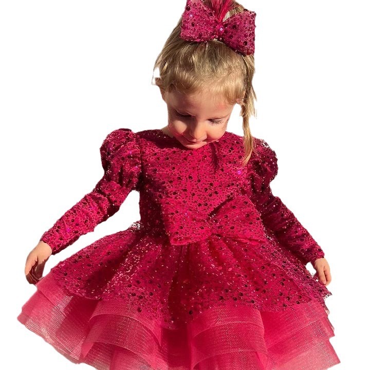 long sleeves Toddler Flower Girls Dresses For Weddings 2024 red sequined Girl Birthday Party Dress Ball Gown Little Girls Pageant Wear Princess Kids p
