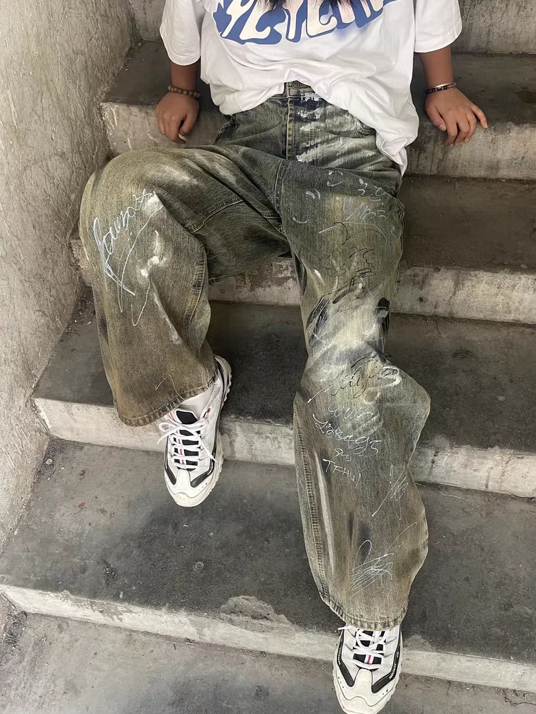American style high street men and women graffiti letter jeans straight leg loose wide leg hip-hop personalized casual pants y2k 240524