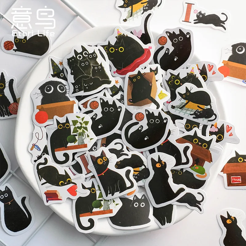 46pcs Cute Mr. Black new Cat Boxed Stickers Decorative Scrapbooking Vintage Label Diary Stationery Album Phone 2025 Journal Planner