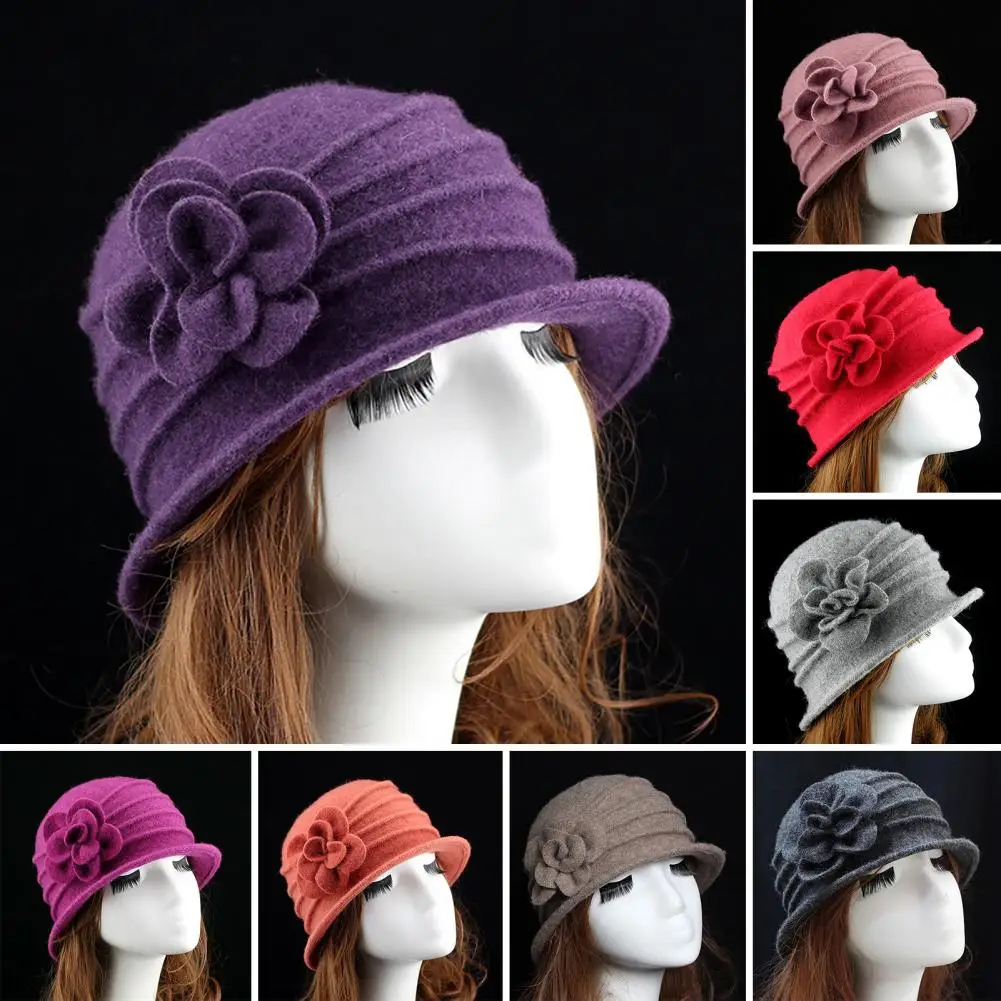 New in Women'S hat Flower Decor new Wide Brim 2025 Round Dome Woolen Hat Middle Aged Ladies Bucket Hat Dropshipping