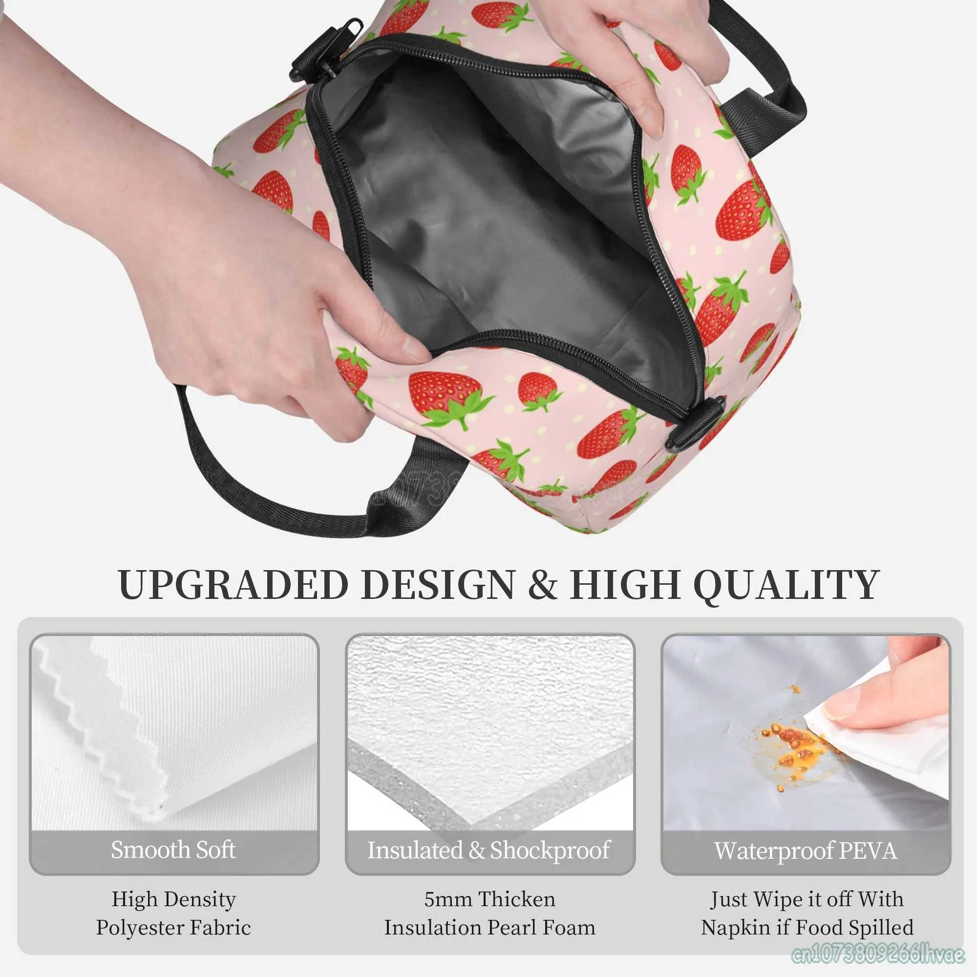 Strawberry Lunch Bag for Girls Women Insulated Lunch Box for School Work Picnic Cooler Tote Bag with Adjustable Shoulder Strap
