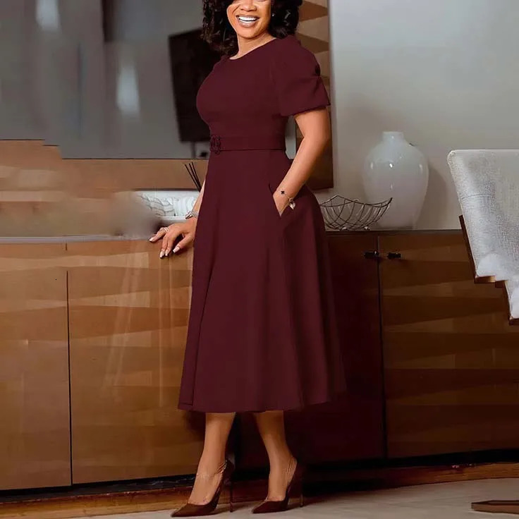 Elegant Office Dress for Women Professional O Neck Short Sleeve Belt Waisted A Line Mid Calf Formal Business Work Dress Midi 240518