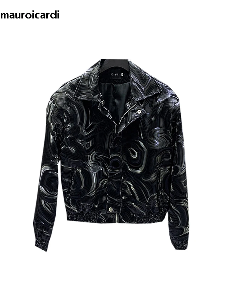 Mauroicardi Spring new Autumn Cool Short 2025 Black Shiny Geometric Faux Leather Bomber Jacket Men Zipper Stylish Designer Clothes
