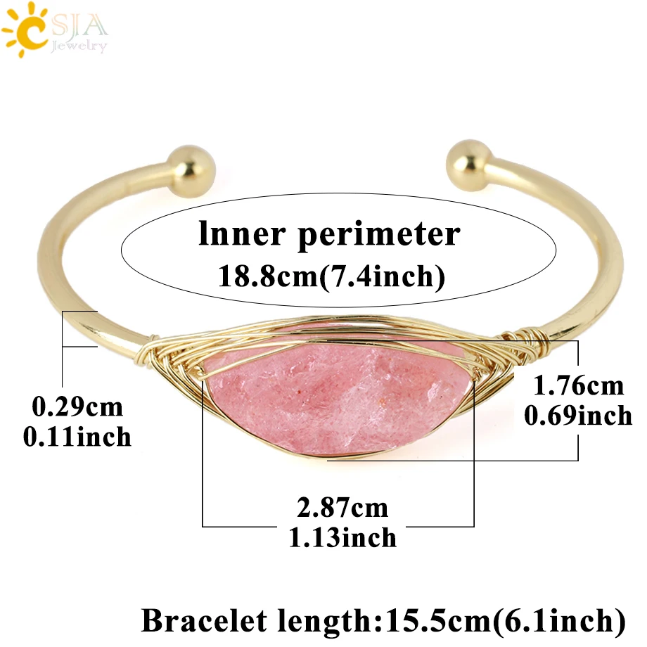 CSJA new Gem Stone Open Cuffs Bracelets Crystals Natural Stones 2025 Bangles Gold Color Wire Wrap Bracelet for Friend Bijoux Femme G866