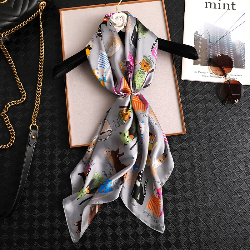 Spring and summer NEW 90x90cm 2025 Brand Silk Square Scarf Women new Tie Hairband Cat printed Scarves Female Foulard scarf stores
