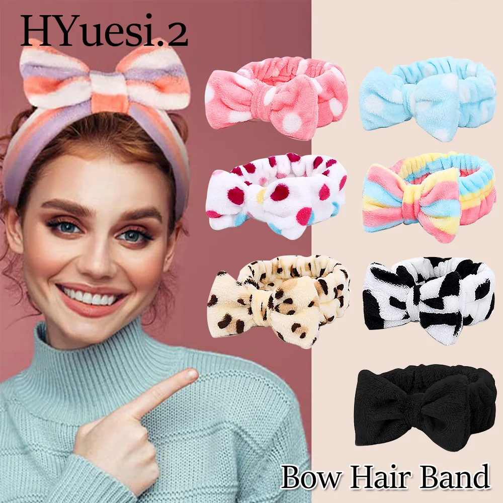 Cute Dot Striped Bowtie Hair Band Classic High Elastic Big new Soft Coral 2025 Fleece Makeup Headbands For Women Washing Face Shower Spa
