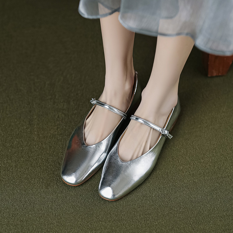 Flat Mary Jane Shoes Genuine Sheepskin Comfort V-Cut Strap Design Vintage Style Versatile for Daily Wear and Office Outfits