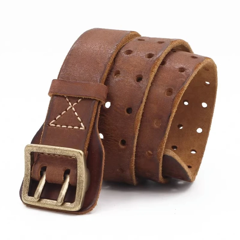 Original Handmade Double-needle Buckle Men's Belt Washed Water Made Old Macho Jeans Belt Genuine Leather y2k Army Tactical Belt