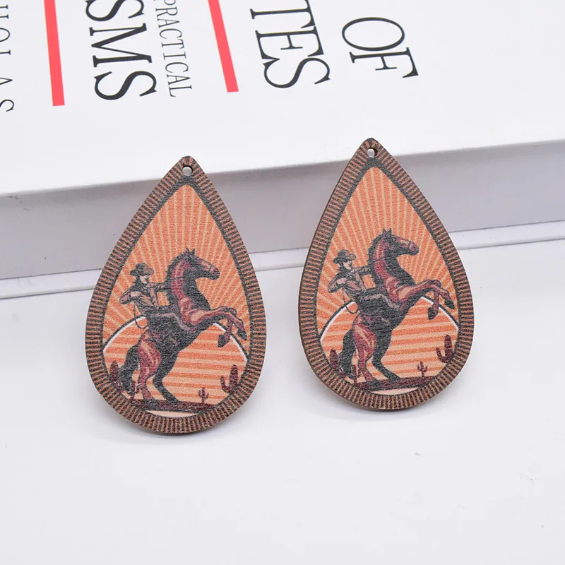 10pcs Sunset Cowboy Vintage Earring Wood Charms Artificial Wood Horse Riding Art Pendant For Eardrop Keychain Diy Jewelry Make