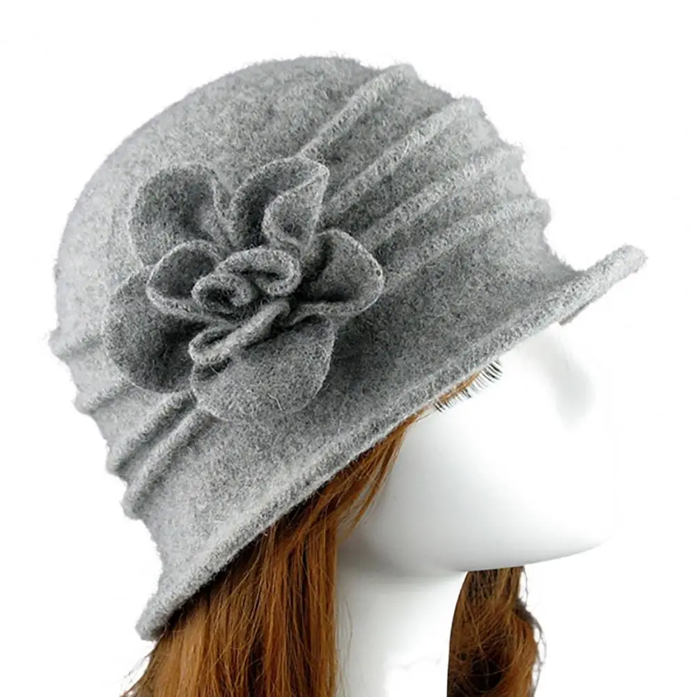 New in Women'S hat Flower Decor new Wide Brim 2025 Round Dome Woolen Hat Middle Aged Ladies Bucket Hat Dropshipping