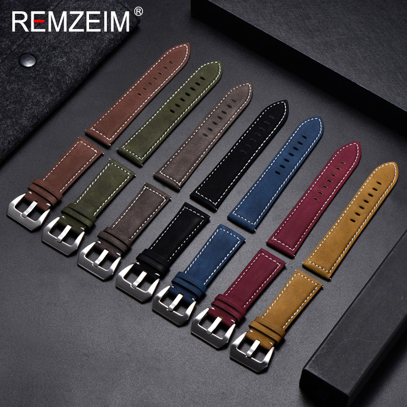 REMZEIM 18mm 20mm 22mm 24mm Matte Leather Watchband Men Women Strap Luxury Brand Red Blue Green Watch Band Accessories