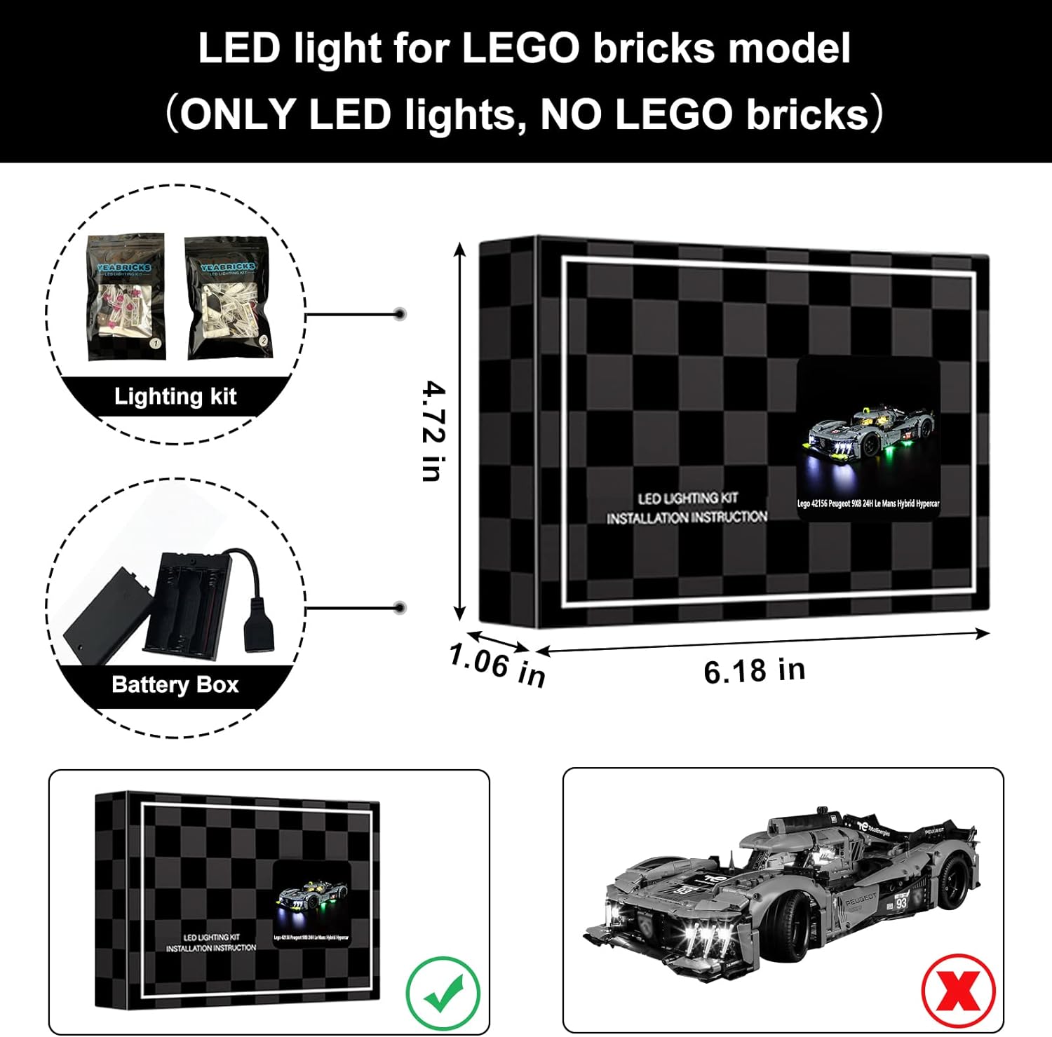 Hprosper LED Lights for Technic 42156 Peugeot 9X8 24H Le Mans Hybrid Hypercar Racing Car (Not Include Lego Building Blocks Set)