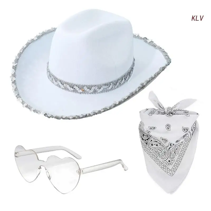 Women Cowboy Hat Western Wide Brim Hat Handkerchief Heart Sunglasses Set Hat Costume Fedora-Hat Headdress