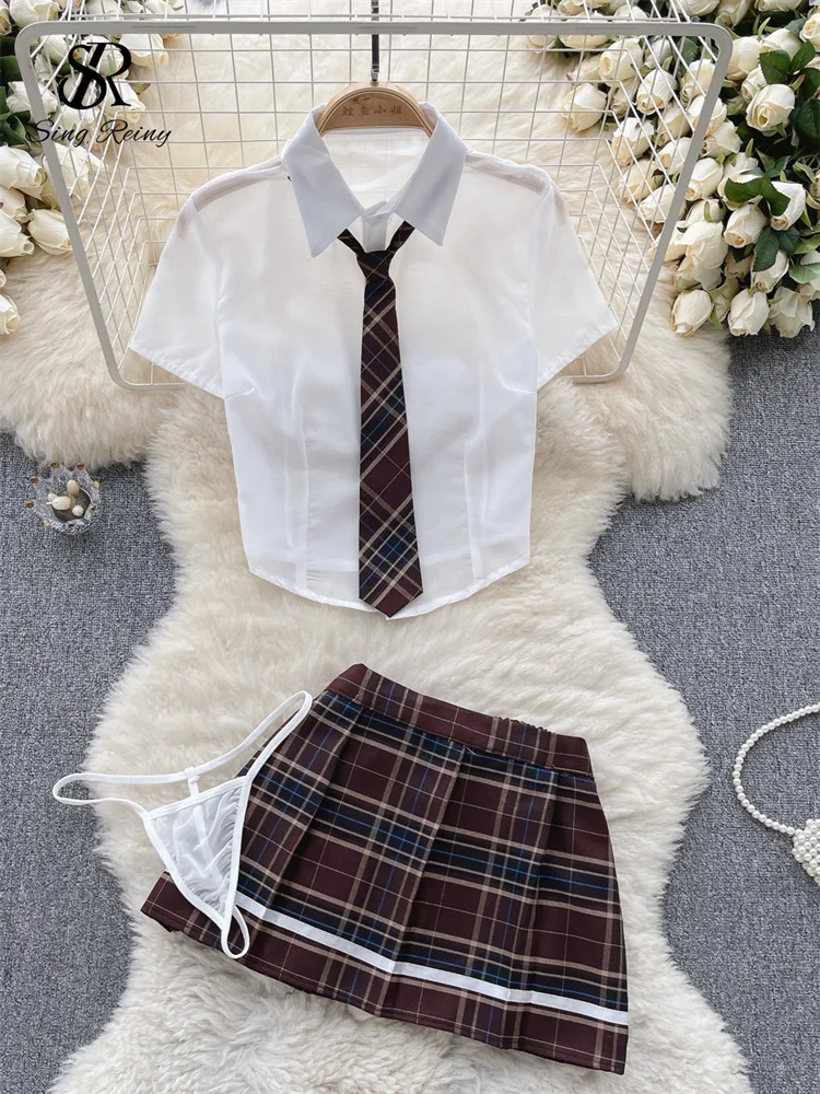 SINGREINY Plaid JK Uniform Erotic Suits Lingerie Female Short Sleeve Blouses+Pleated Skirts Suits Women Cosplay Sheer Sexy Sets