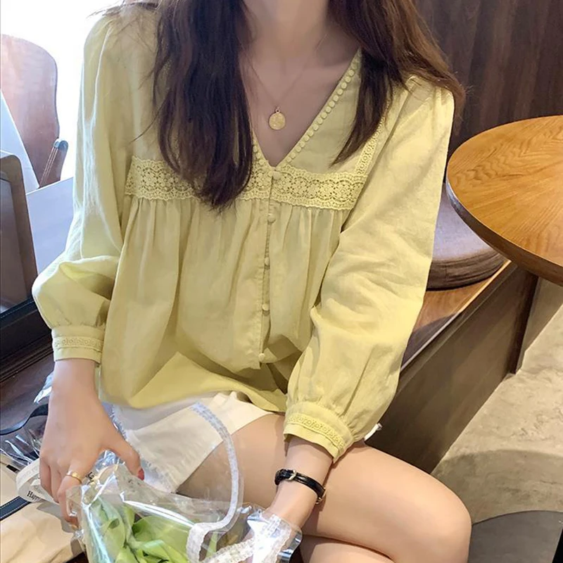 MEXZT Vintage 2025 Sweet Lace Shirts Women Korean Cute V Neck Long Sleeve Loose Blouses Summer Streetwear Boho Beach Casual new Tops New
