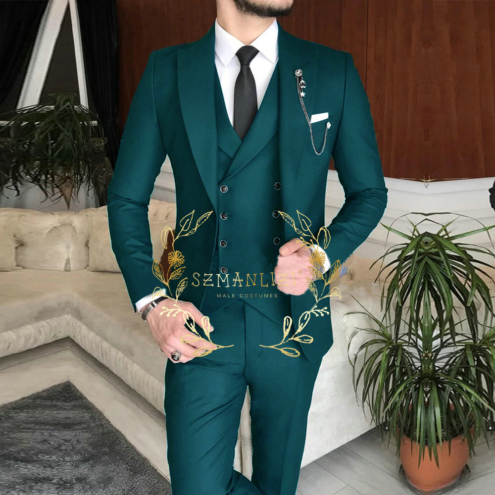 New Arrival Male Suits 2025 Slim new Fit 3 Pieces Peak Lapel Dark Green Classic Men Wedding Suits Groom (Blazer+Vest+Pants) Costume Homme