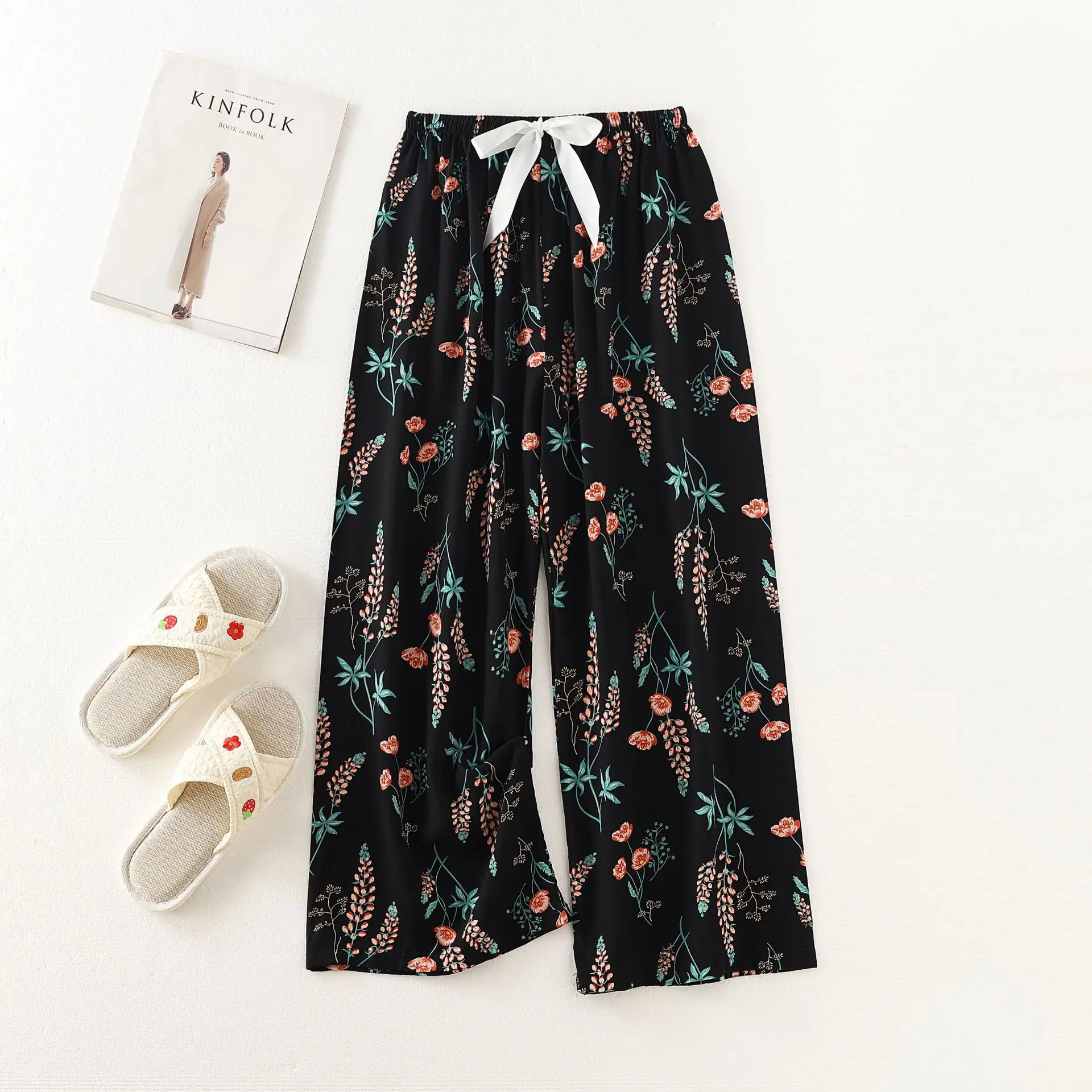 new 2024 Women's Clothes Viscose Korean Casual 2025 Cropped Pants Floral Wide Leg Trousers Home Pants Sports Wear Girls Clothes Sleepwear
