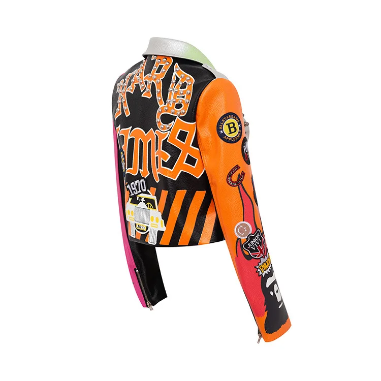 New Leather Coat Graffiti 2025 Print Motorcycle Leather Coat Women's Contrast Slim Fit Short Women's Top new Punk Rock Pu Leather Jacket