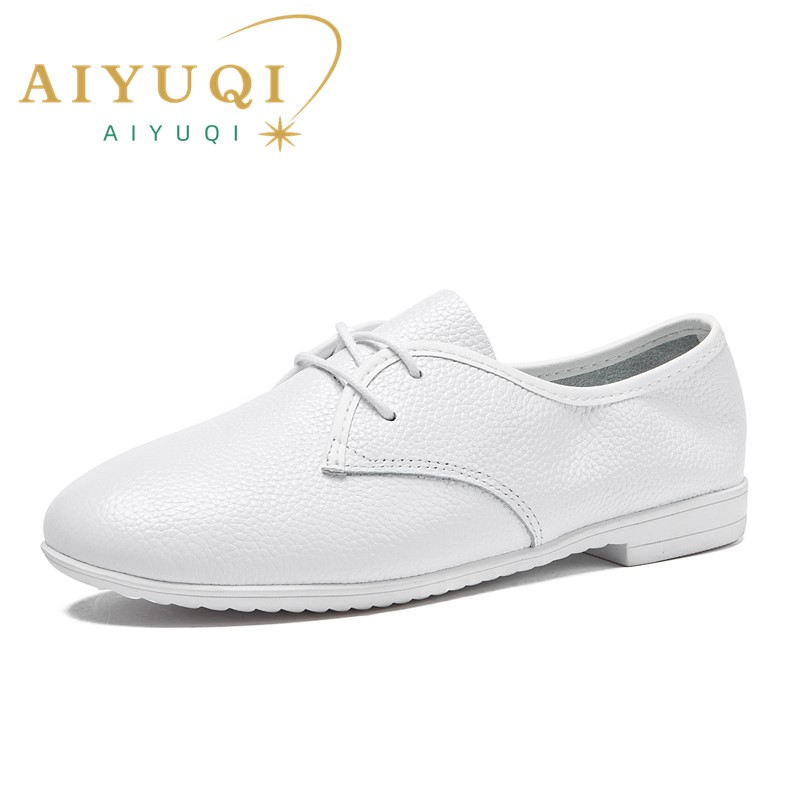 AIYUQI Nurse Shoes Women 2024 Lace-up British Style Simple Cowhide Leather Ballet Flat Casual White Shoes Women Martial Arts Shoes