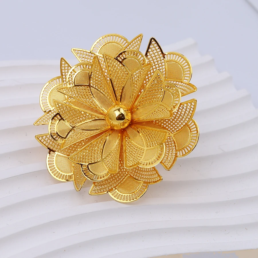 Dubai Gold Plated Rings Nigerian Big Flower Jewellery Indian Wedding Ethiopian Luxury Finger Jewelry For Women 2023 Party Gift
