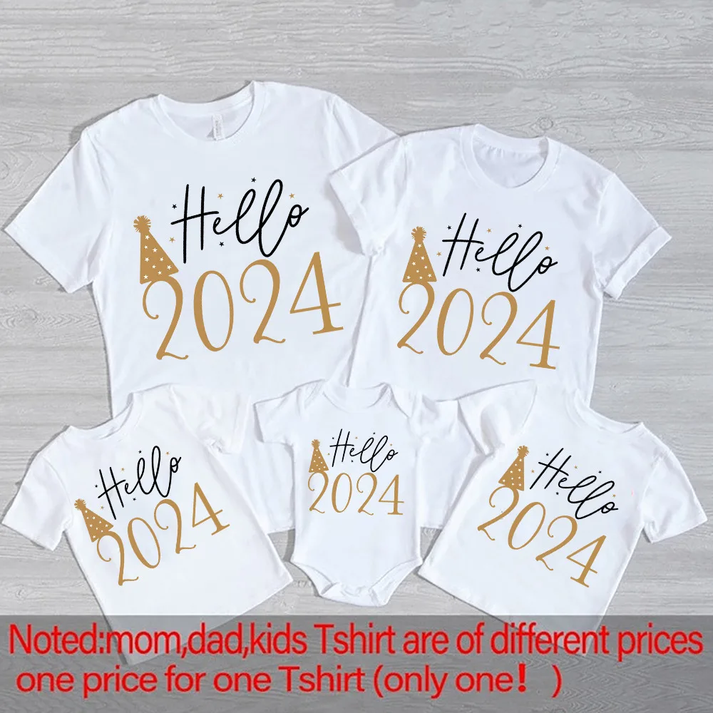 Hello 2024 Happy New Year Family Matching Outfits Dad Mom Kids Shirt Baby Bodysuit Family Clothes New Year Party Family Outfits