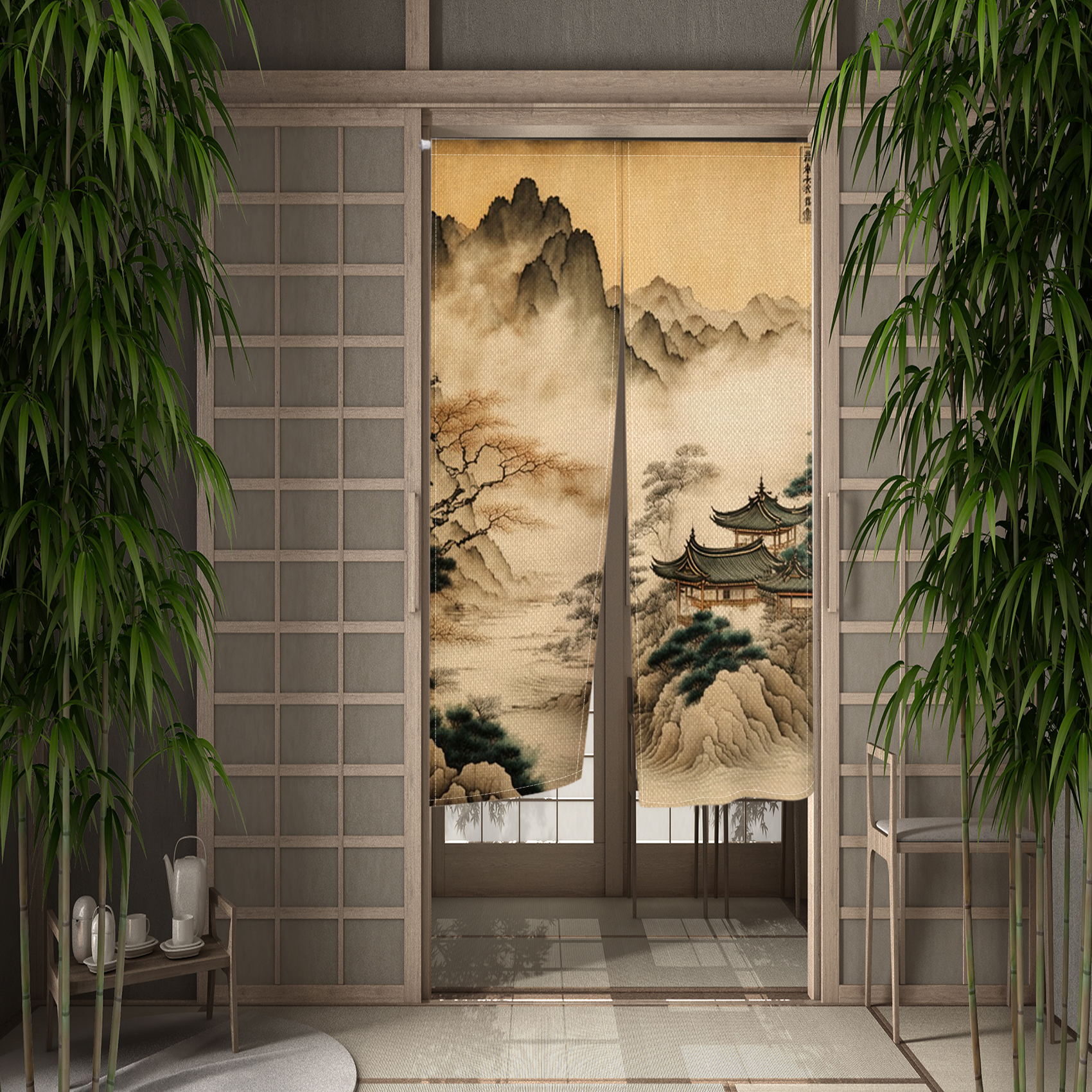 Chinese Traditional Landscape Door Curtain Noren Ink Mountain Painting Kitchen Bedroom Japanese Hanging Entrance Doorway Curtain