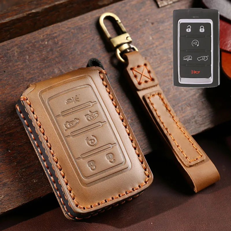Genuine Leather Car Key Case Cover Fob Shell for Jeep Grand Cherokee Wagoneer 2021 2022 2023 Car Keychain