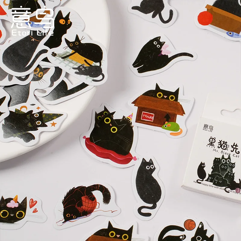 46pcs Cute Mr. Black new Cat Boxed Stickers Decorative Scrapbooking Vintage Label Diary Stationery Album Phone 2025 Journal Planner