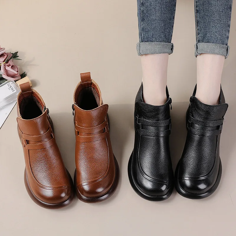 Women Shoes Round Toe Genuine Cow Leather Handmade Retro Thick Heel Casual Loafers Ladies Winter Soft Sole Plush Warm Boots