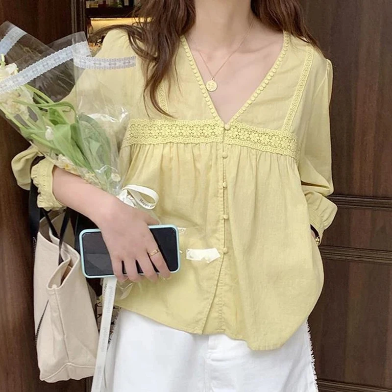 MEXZT Vintage 2025 Sweet Lace Shirts Women Korean Cute V Neck Long Sleeve Loose Blouses Summer Streetwear Boho Beach Casual new Tops New