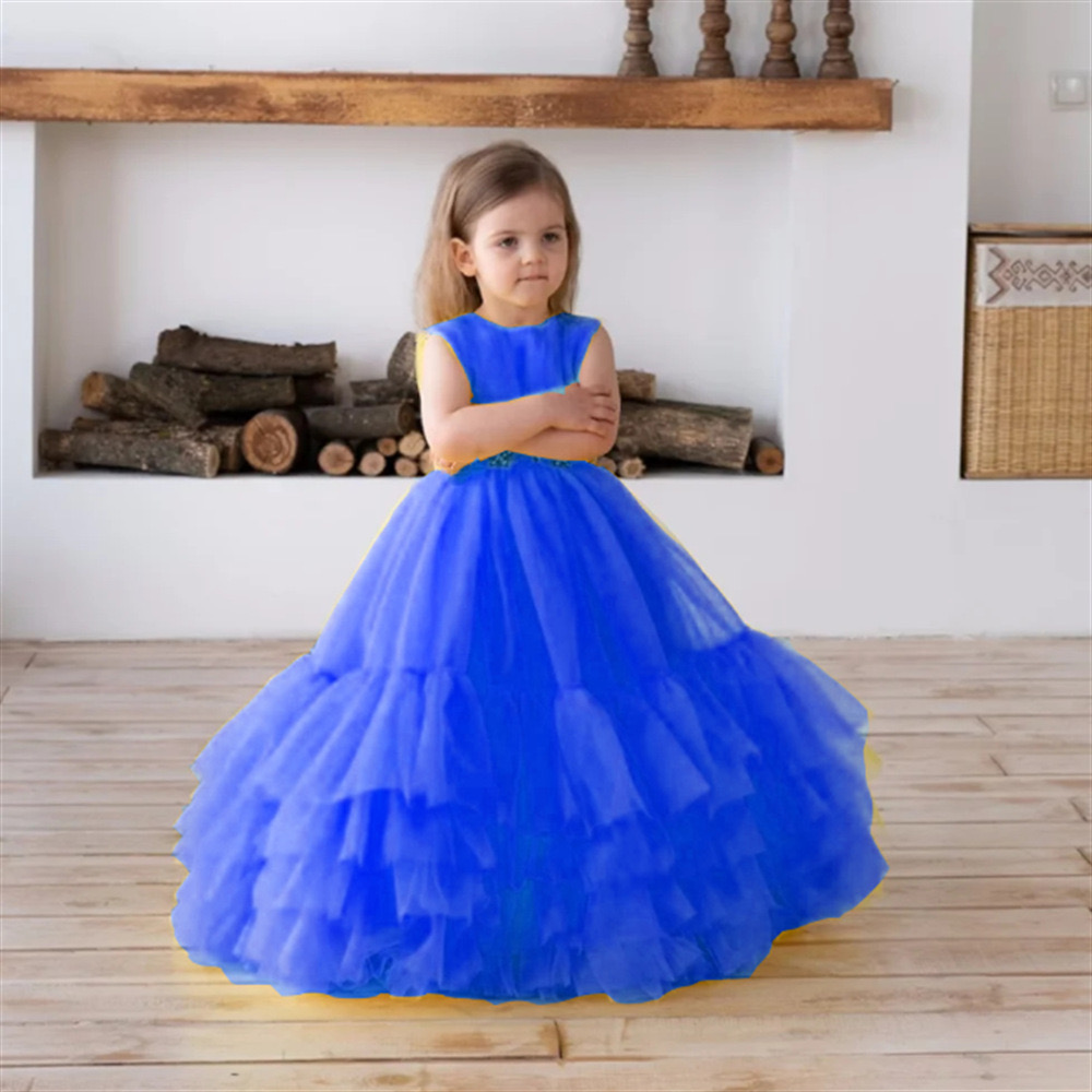 Kids Ball Gown Flower Girl Dresses for Wedding Formal Wear Elegant Birthday Dress 2024 yellow pink TUTU Cute Princess Kids blue Gown communion pageant