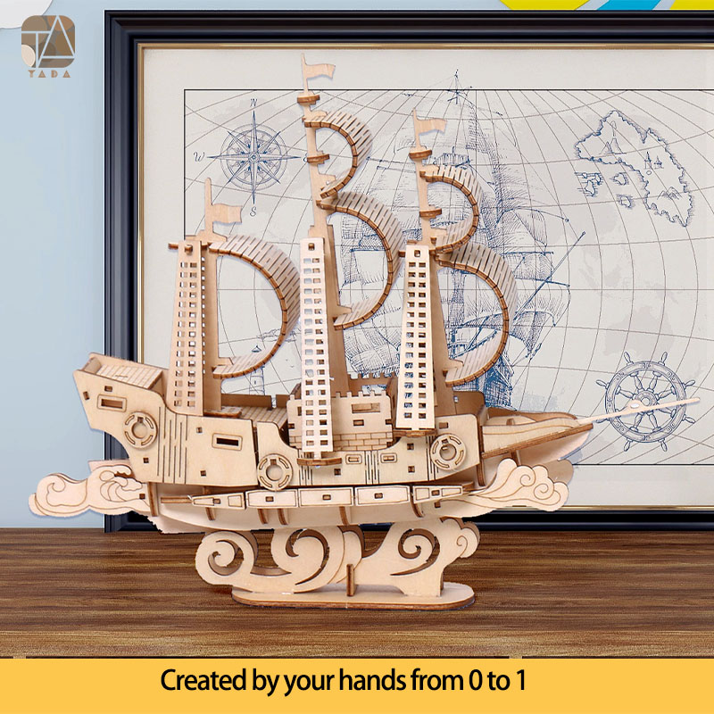 Tada 3D Wooden Puzzle Toys Ocean Sailboat Ship Assembly Gift For Children Adult Mechanical Creative 3D Model Building Block Kits