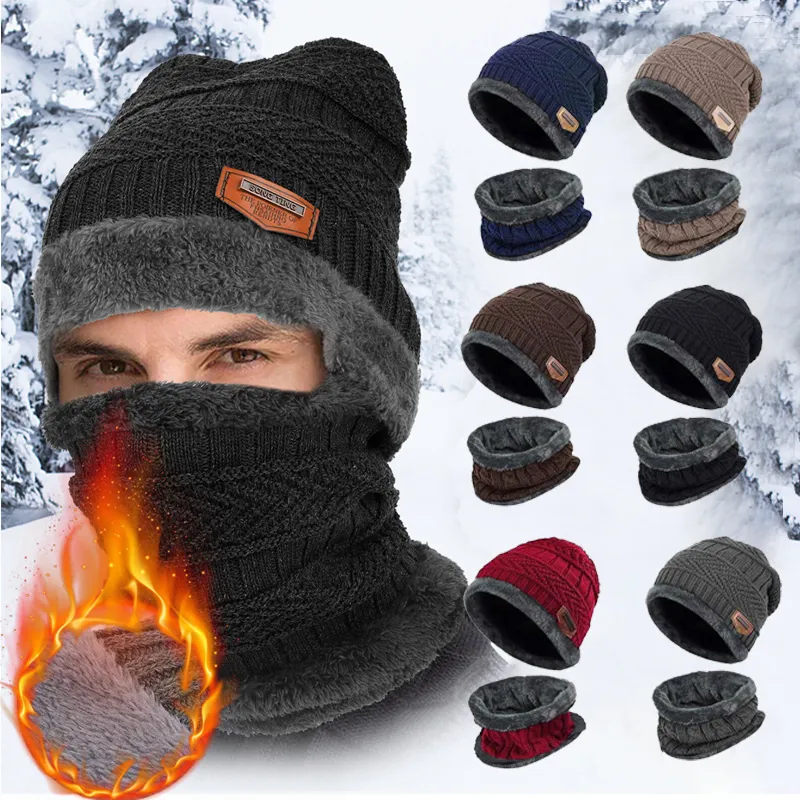 New Winter Knit Cap Men And Women Outdoor Warm Thickening Plus Velvet Loose Winter Hat With Scarf Brand Winter Ski Mask Hat Set