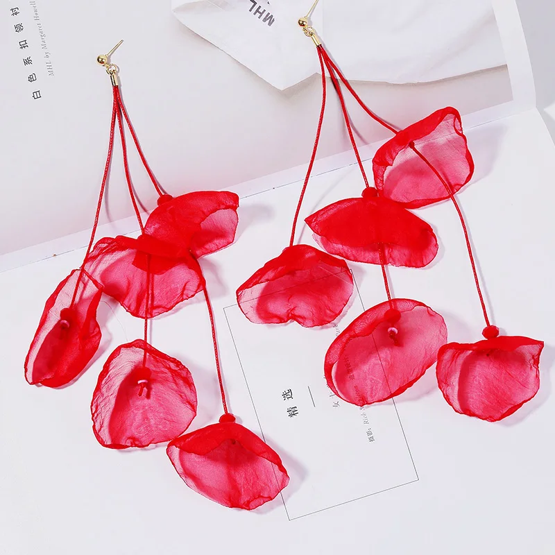 New Elegant Petals Dangle Earings Women Girls Exquisite 2025 Organza Flowers Long Tassels new Pendant Drop Earings Party Jewelry Gifts