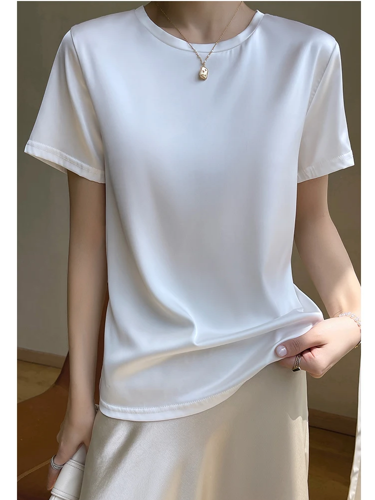 Summer 2025 Short-Sleeved Women's Acetic Acid T-Shirt Satin New Simple Loose Round new Neck Vest Top Joker Slim