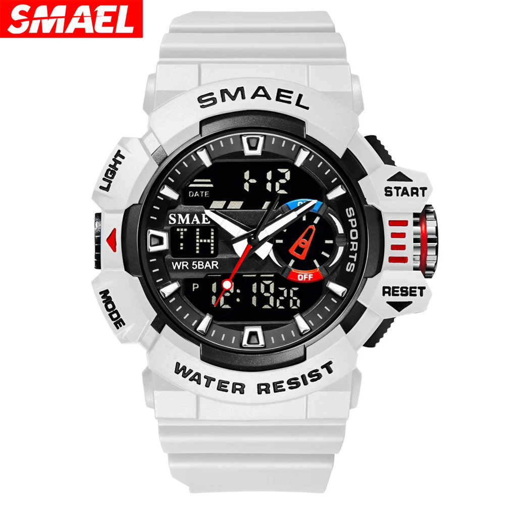 SMAEL Quartz Watch new for Men Waterproof Luminous Hands Dual Display Digital Wristwatch White Rubber Bracelet 2025 Sport Clock