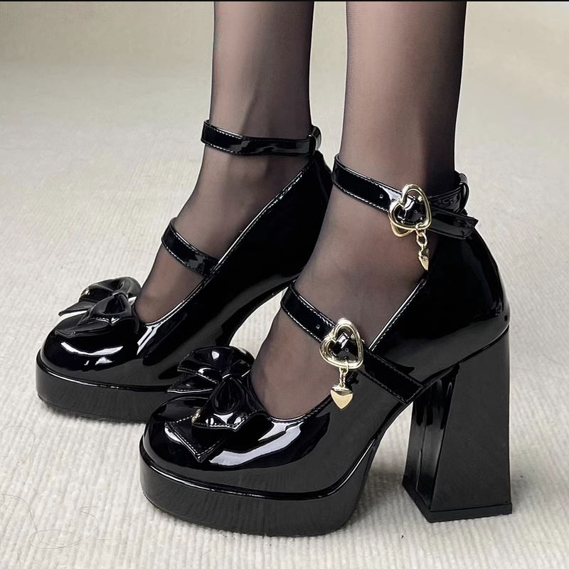 2025 new Heart Punk Buckle High Heels Pumps Women Spring Y2K Black Chunky Platform Lolita Woman Bowtie Thick Heel Gothic Shoes 88cf