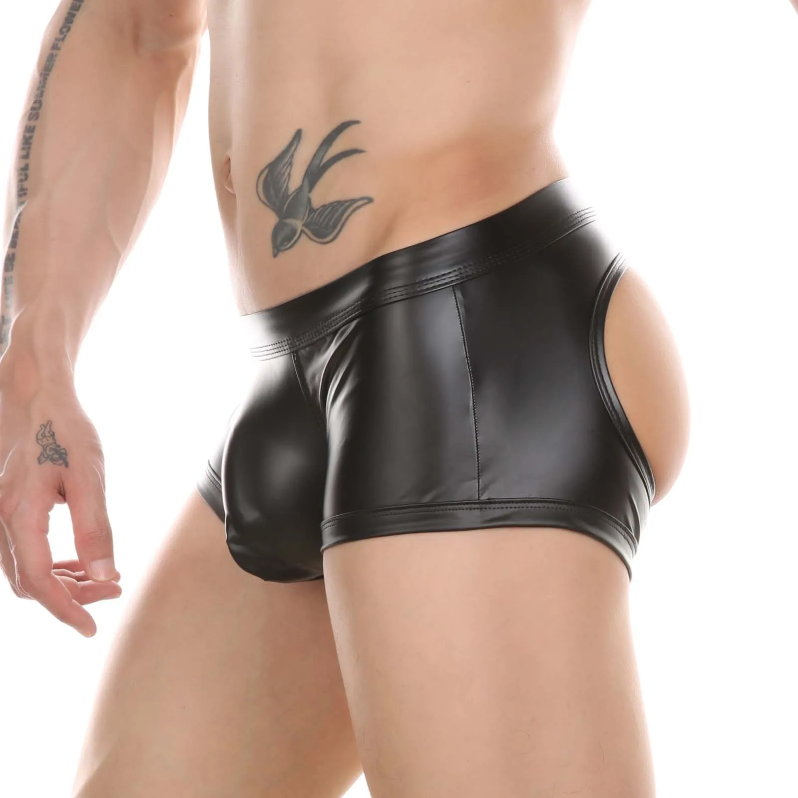 CLEVER-MENMODE Men's Boxers Faux Leather Underwear Wet Look Sexy Panties Open Butt G String Underpants Buttocks Boxershorts Club