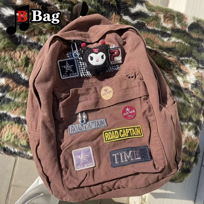 Brown Canvas new Backpack Women Gothic Punk 2025 Spicy Girl Vintage Bag Large Capacity Commuting Tote