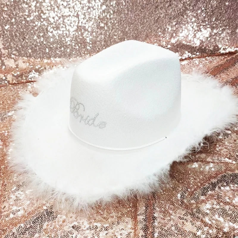 Feather Brim Cowgirl Hat new Bride Wedding Photo Costume Props Summer Outdoor Woman 2025 Girl Hat with BRIDE Letter Sunproof