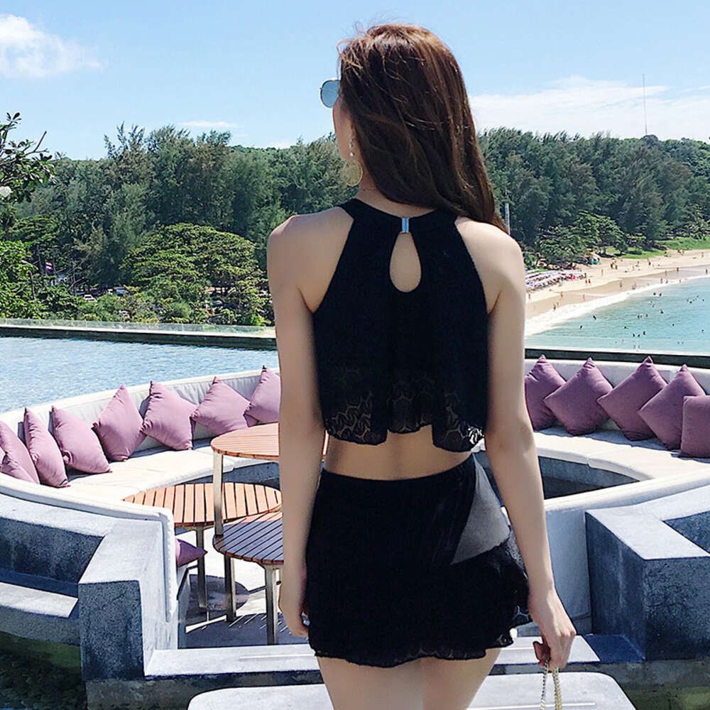 Ddmytiger South Korea Split Hot Springs Conservative High Waist Student Cover Belly Flat Corner Slim Gathering Lace Skirt Style Two Piece Swimsuit For