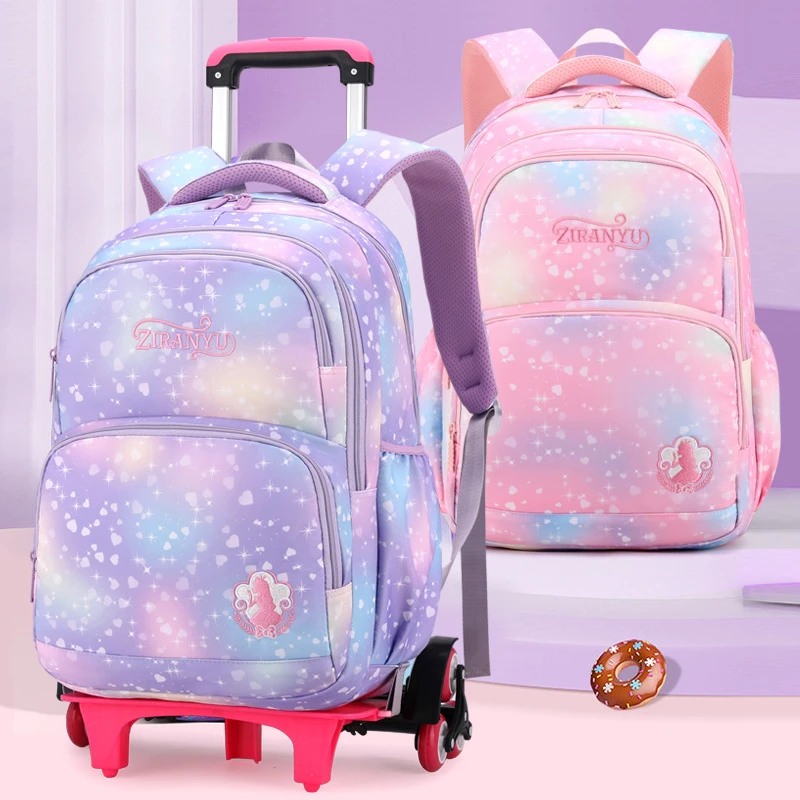 Children Waterproof Orthopedic School Backpack with Wheels Elementary Schoolbag Detachable Trolley School Bags for Kids Girls