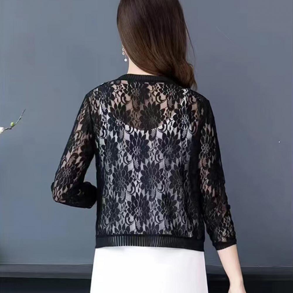 Women Floral Lace Cardigan Lightweight Women Summer Lace Cardigan Solid Color Sun-resistant Ladies Summer Short Top Cover Up