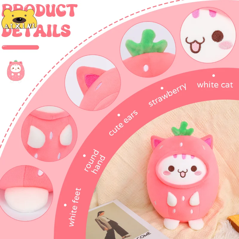 AIXINI 10 Style Strawberry White Cat Squishy Plush Pillow Kawaii Stuffed Panda Pig Animals Plushie Doll Baby Plushy Throw Pillow