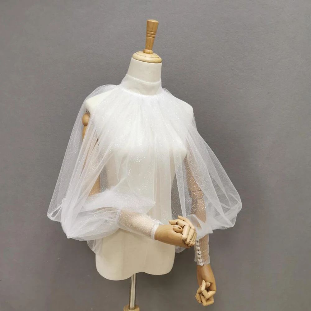 Wedding Long Sleeve Korean Shiny Tulle High Neck Covering Bridal Shawl