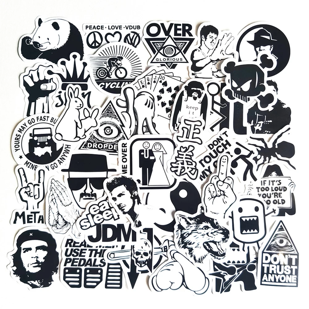 50pcs Funny Black White Stickers Laptop Skateboard Car Motorcycle Bike new 2025 Bumper Helmet Bottle Guitar Vinyl Decal Sticker Bomb