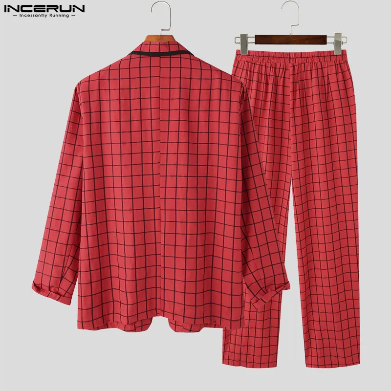 INCERUN 2023 American Style Men Retro Plaid Suits Coats High new 2025 Waist Trousers Casual Streetwear Male All-match Suit 2 Pieces S-5XL