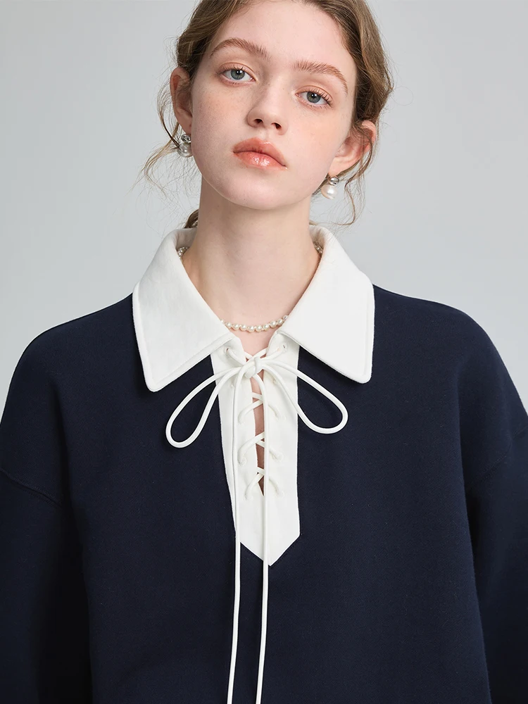 MOLAN Preppy Sweatshirt Women 2023 New Hoddies Contrast Color Tie Neckline Elegant Casual Famale Loose Top