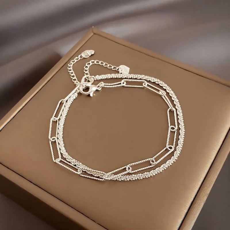 2025 New Fashionable Sier Colour Double Layer Bracelet Simple Ladies new Bracelet Delicate Jewellery Gift